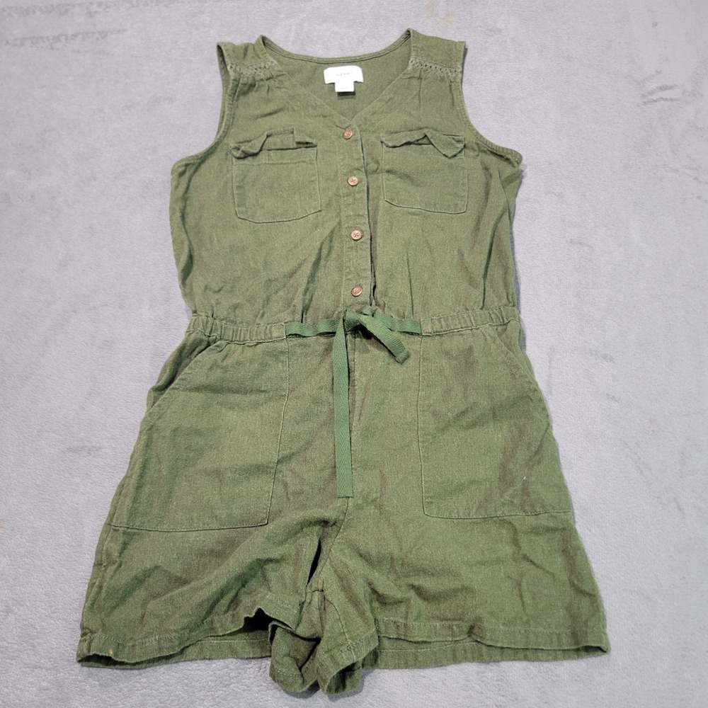Old Navy‎ Romper Girls L 10-12 Olive Green Utility Linen Blend Sleeveless Summer